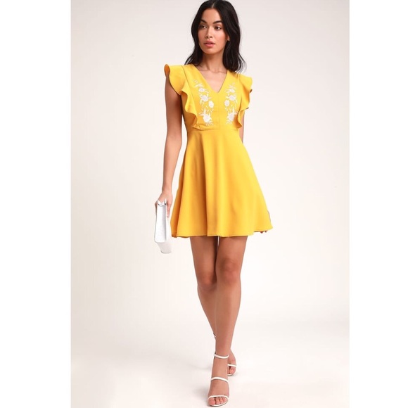 Lulu’s Yellow Embroidered Dress Skater Mini Dress - Picture 2 of 7